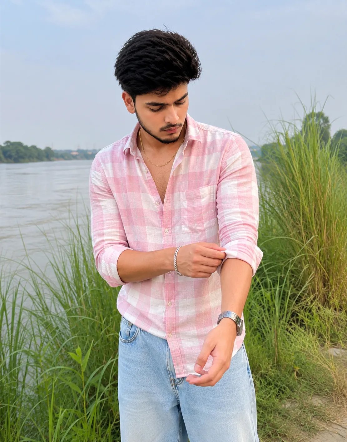 Prompt A handsome young South Asian boy with thick, voluminous messy black hair and a light mustache, standing naturally beside a peaceful