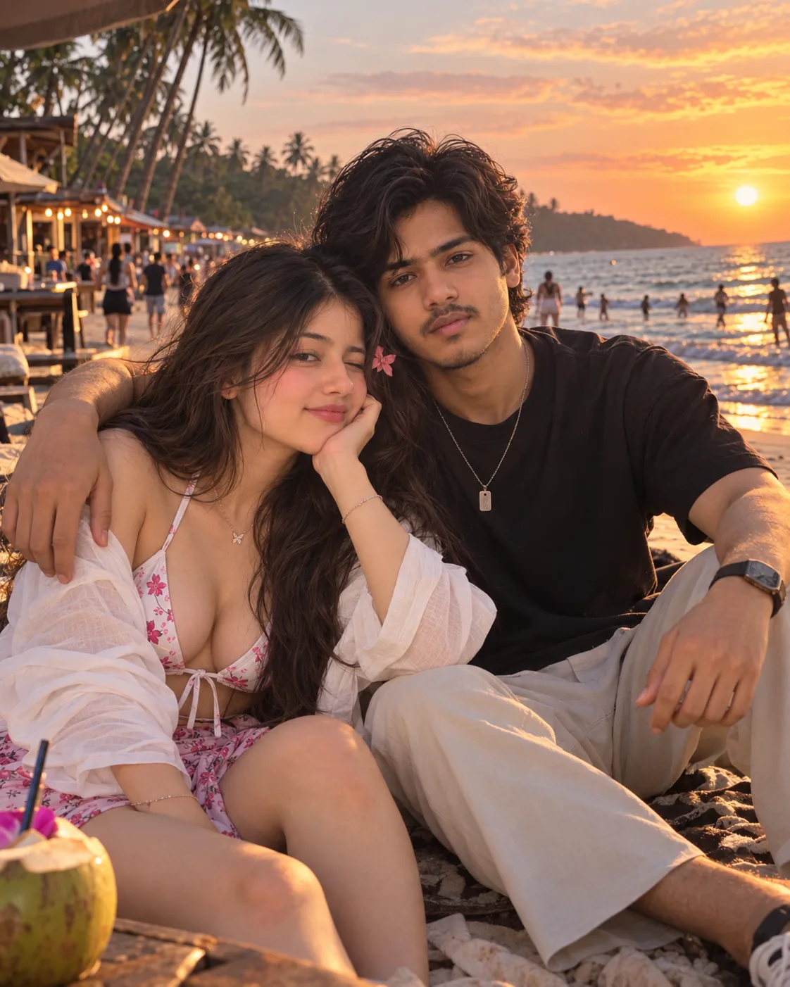 Highly realistic cinematic couple travel photograph of Sofia and Samad enjoying a peaceful sunset together on a Goa beach.