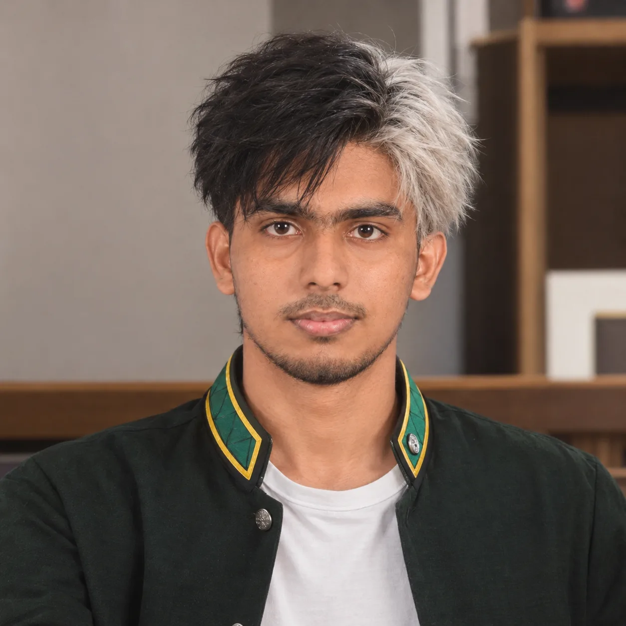 Centered headshot portrait of a young South Asian man in his early 20s with a split-dyed messy textured hairstyle, where the right side is