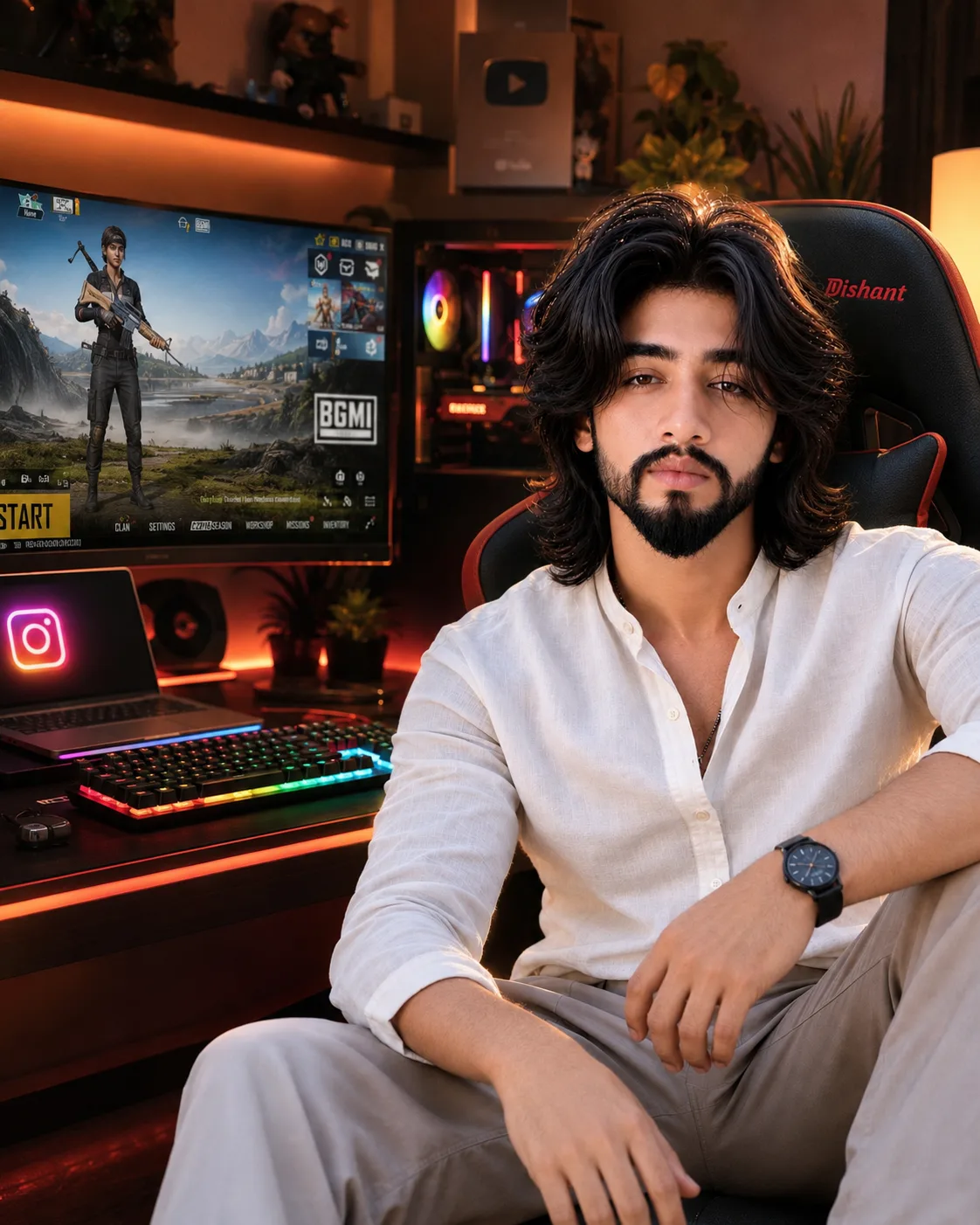 Create a highly realistic portrait of the uploaded person sitting confidently in a premium gaming setup.The person is sitting on a