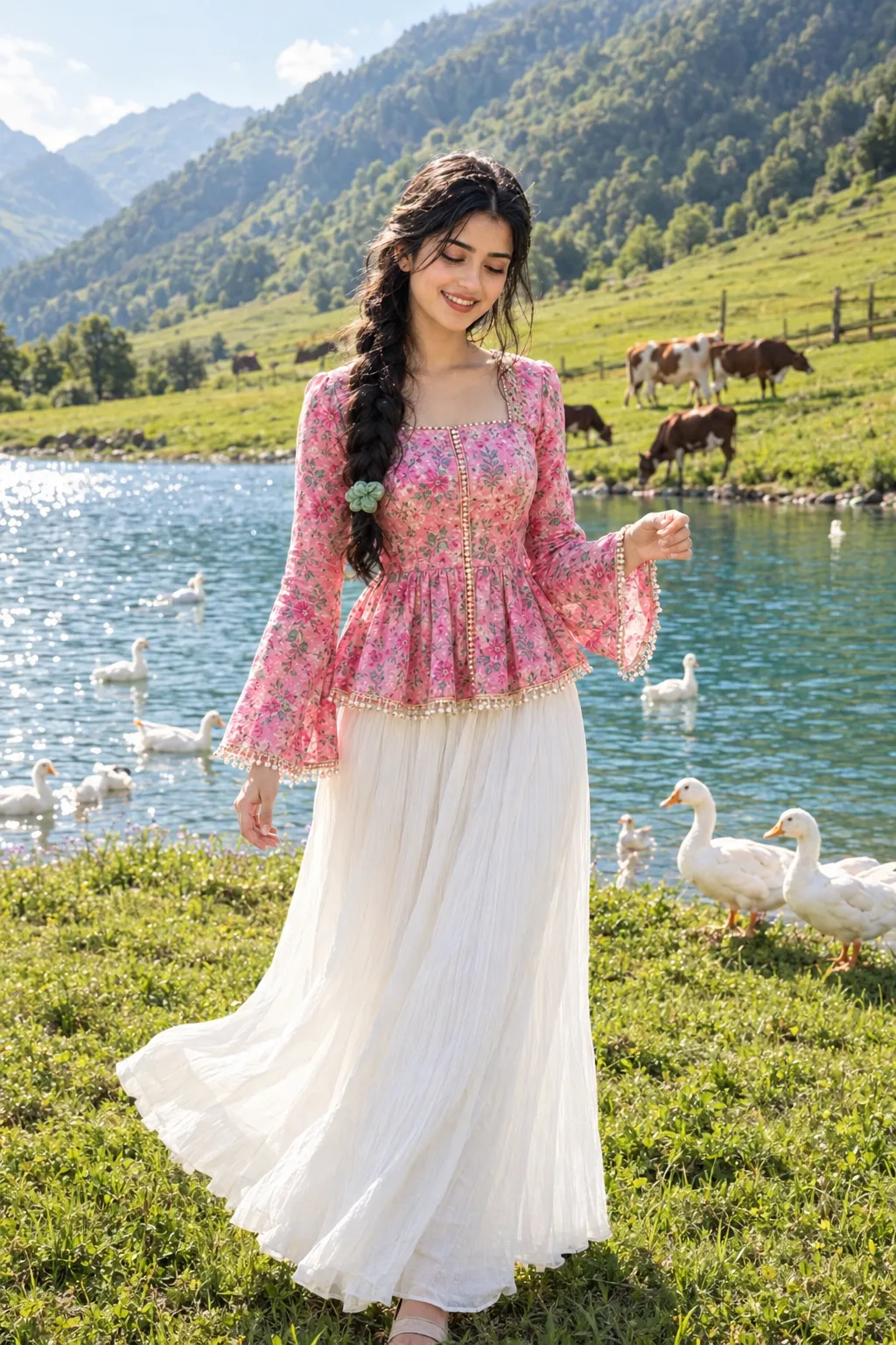 Create a highly realistic, cinematic full-body portrait of a beautiful young South Asian woman standing beside a serene alpine lake in a