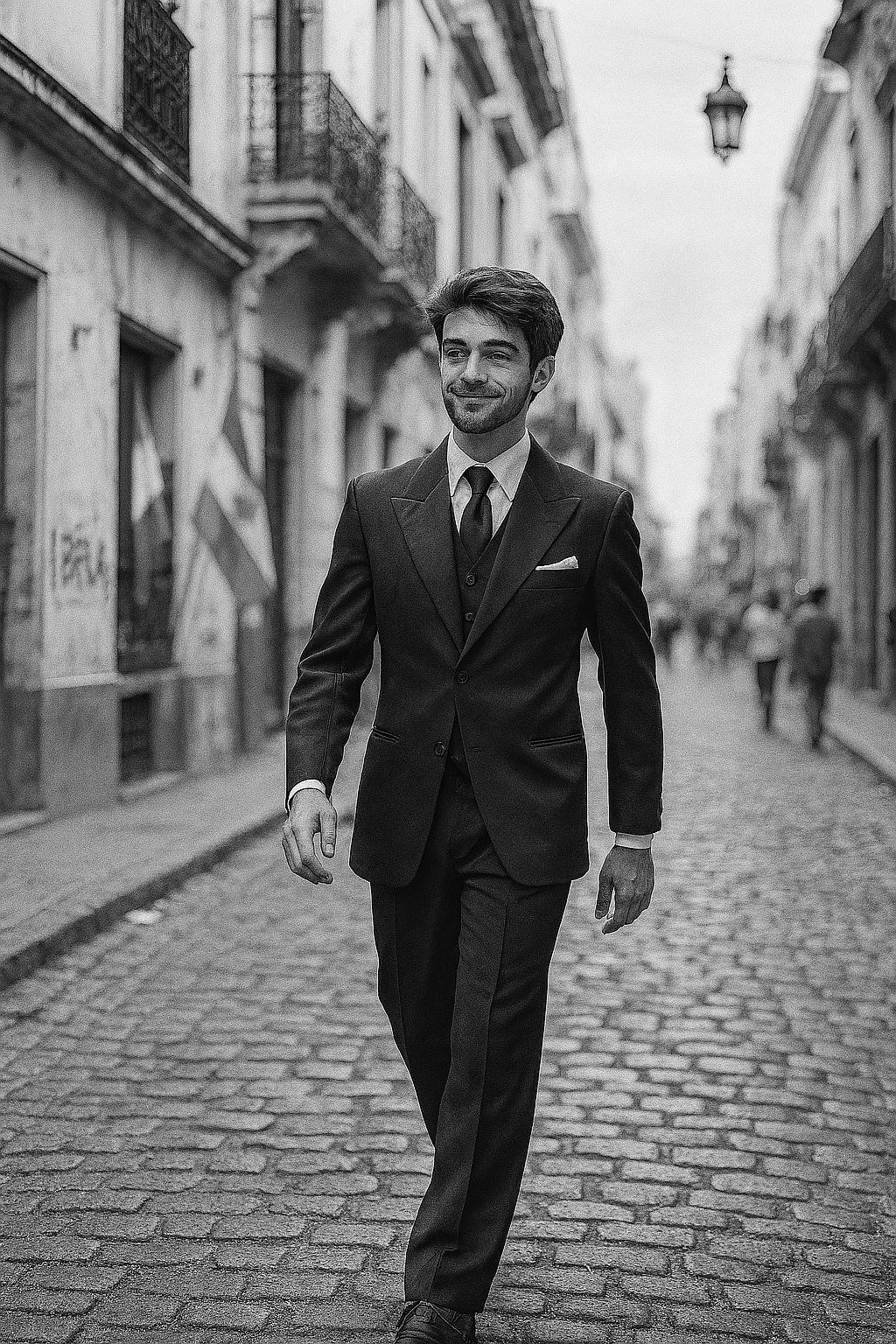 Make a man (uploaded one) walking down a street in Argentina wearing a tango suit, with the image in black and white.