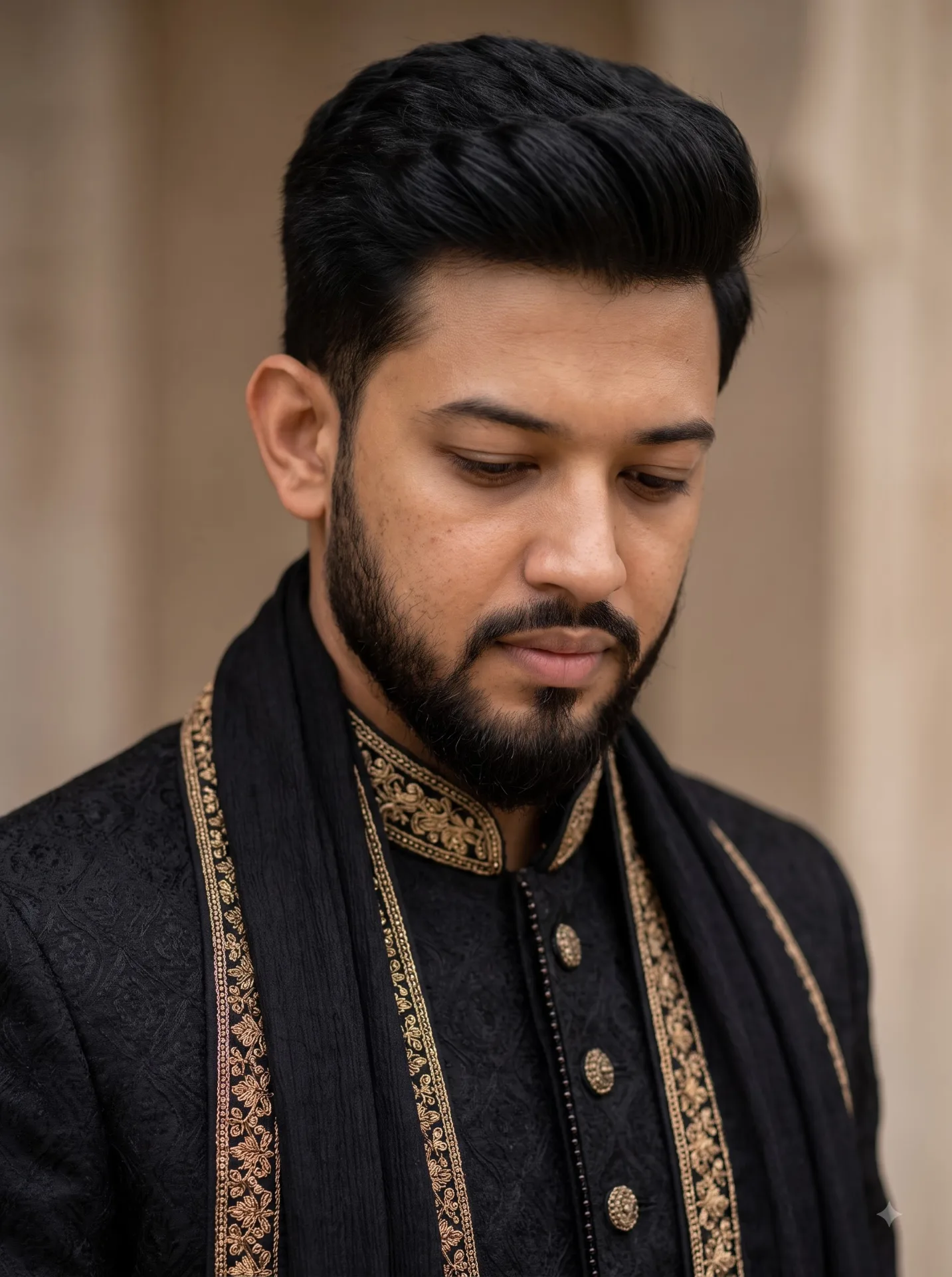 A professional, close-up studio portrait of a young South Asian man with fair skin, looking downwards with a calm and contemplative