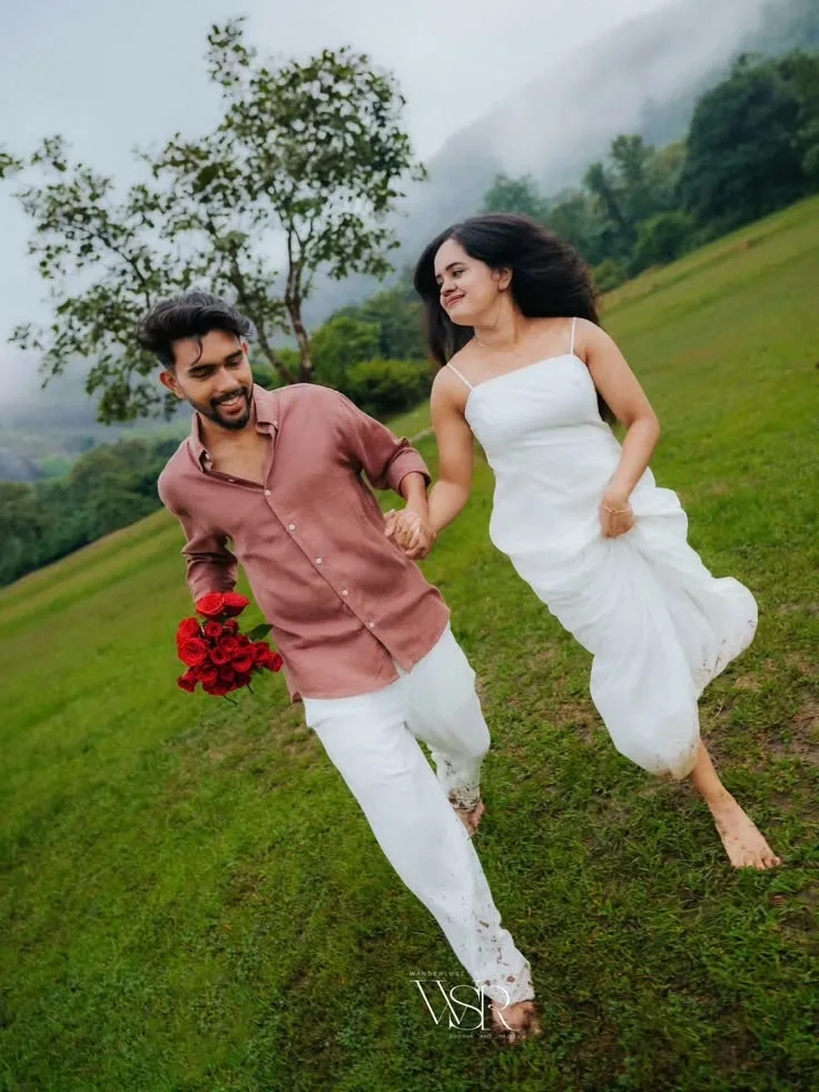 Candid Monsoon Meadow Pre-Wedding Portrait of Young Indian Couple