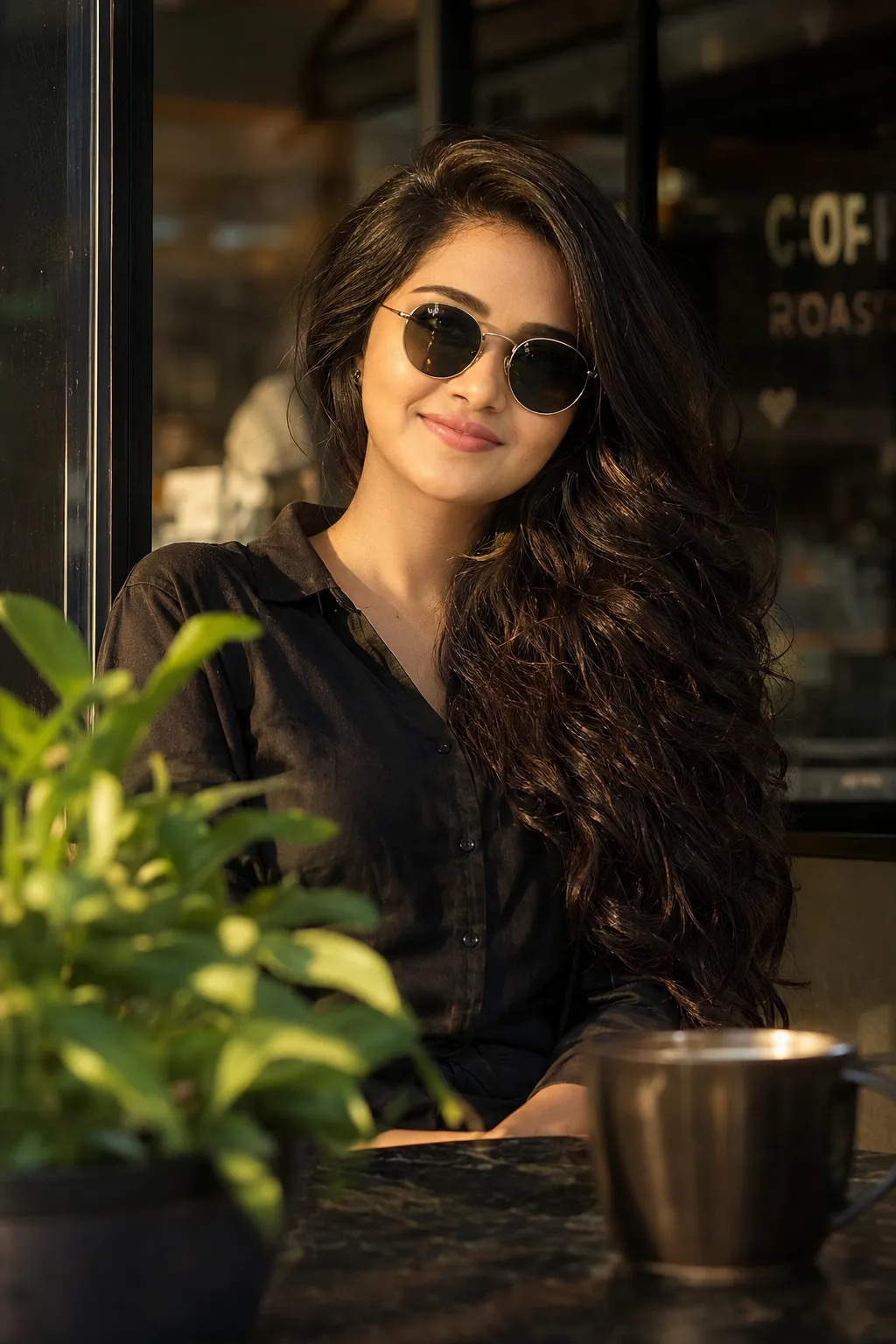 Cinematic 8k realistic portrait of a beautiful young woman with long, voluminous wavy dark brown hair, wearing round metal-framed dark