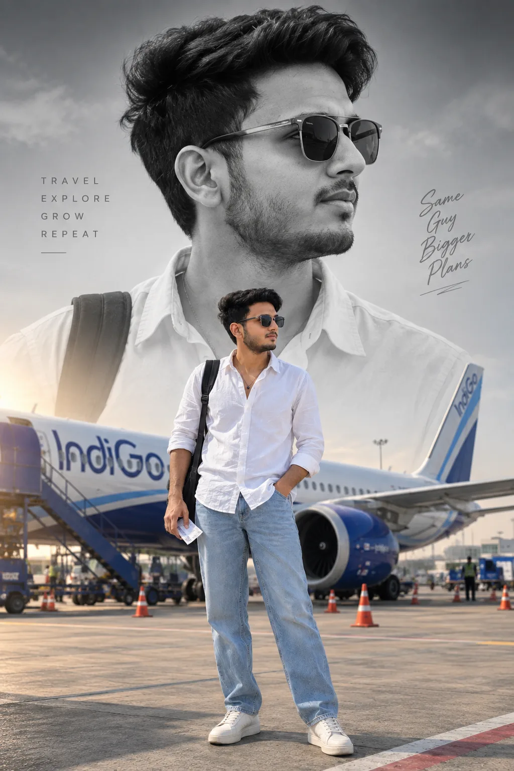 Create a highly realistic, professional editorial fashion portrait of a young Indian man presented in a stylish double-exposure / layered