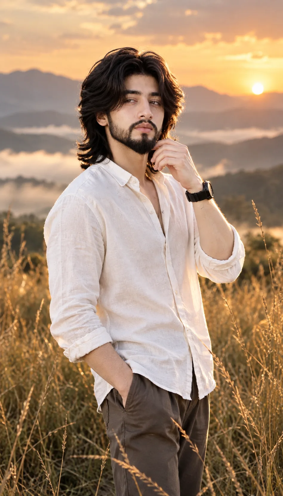 A photograph capturing a young man with dark, flowing, chin-length hair and a well-kept beard, standing in a field of tall, golden-brown