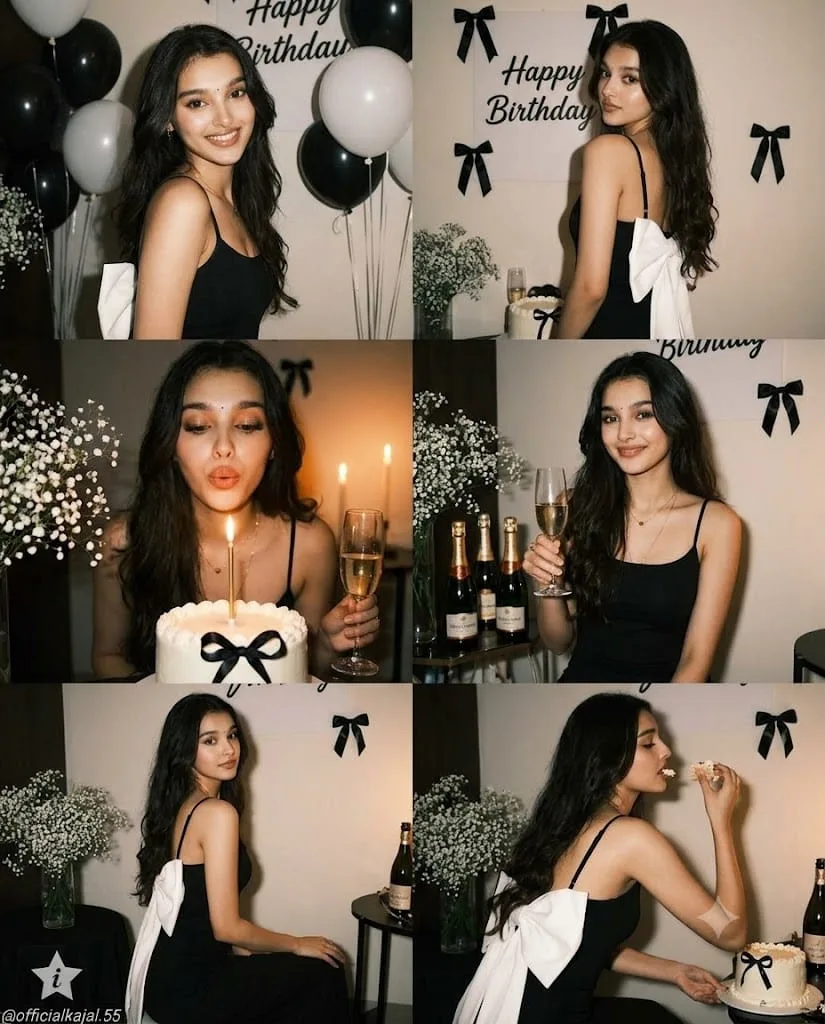 A photo collage grid of 6 images of the same beautiful young woman with long wavy dark hair celebrating birthday in a dark aesthetic room.