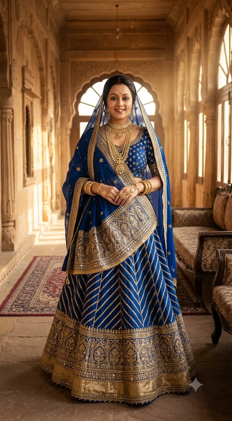 Create a regal full-length portrait of a Indian woman (reference uploaded image) in a deep royal blue traditional lehenga richly