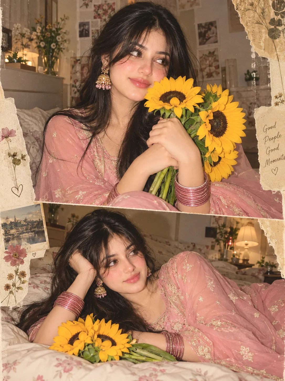 Ultra-realistic soft vintage aesthetic portrait collage of a beautiful young South Asian woman wearing a pastel pink traditional salwar