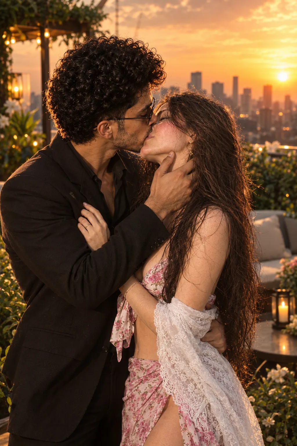 A romantic couple kissing in a luxurious metropolitan rooftop garden, surrounded by lush greenery and modern decor, city skyline in the