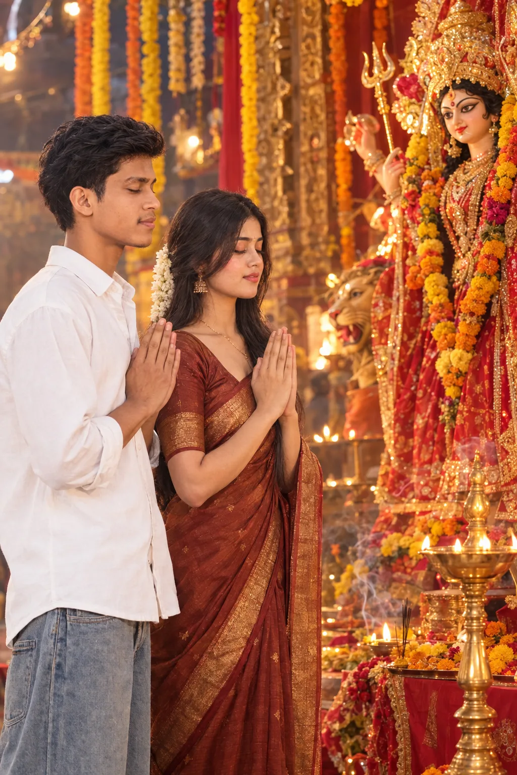 Ultra-realistic cinematic photograph of a young Indian couple standing with folded hands (namaste) in front of a beautiful Maa Durga idol