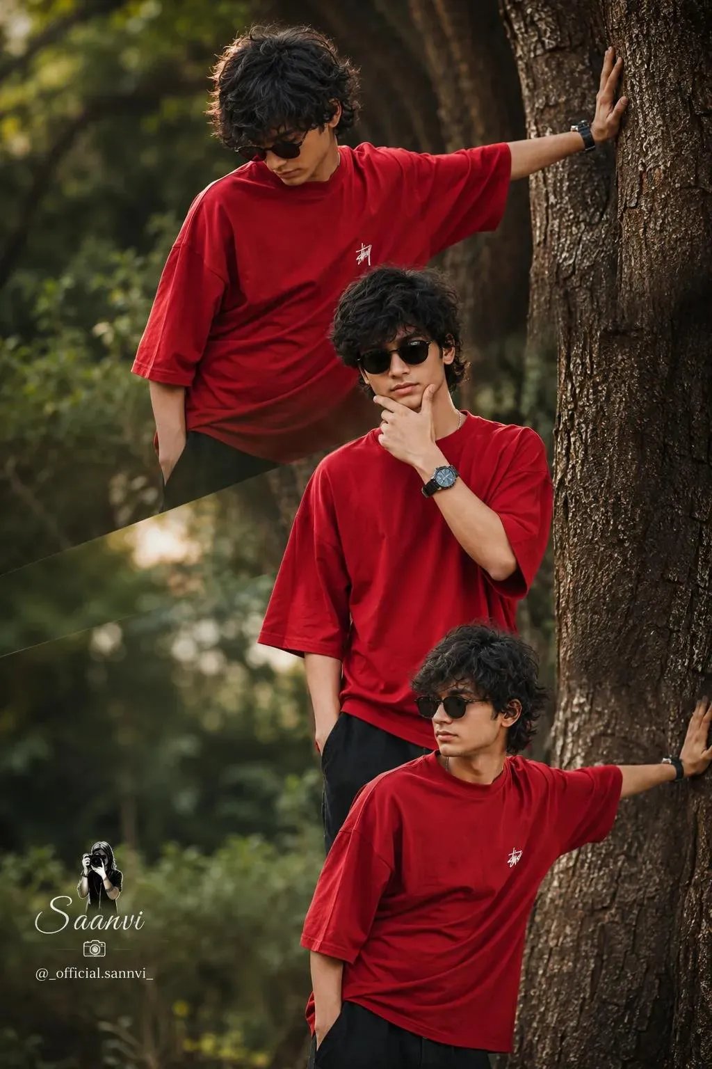 Ultra-realistic DSLR 3-layer diagonal collage of the same stylish Indian boy my face standing beside a large tree in a green park,