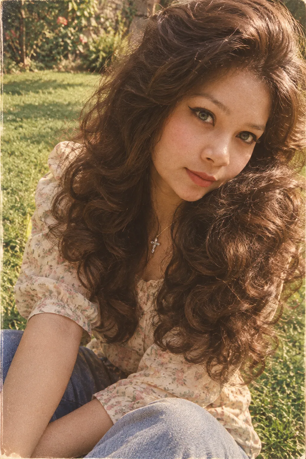 Beautiful young woman sitting on green grass in garden, 80s retro vintage aesthetic, 100% same face preserved - light green-hazel eyes, ,