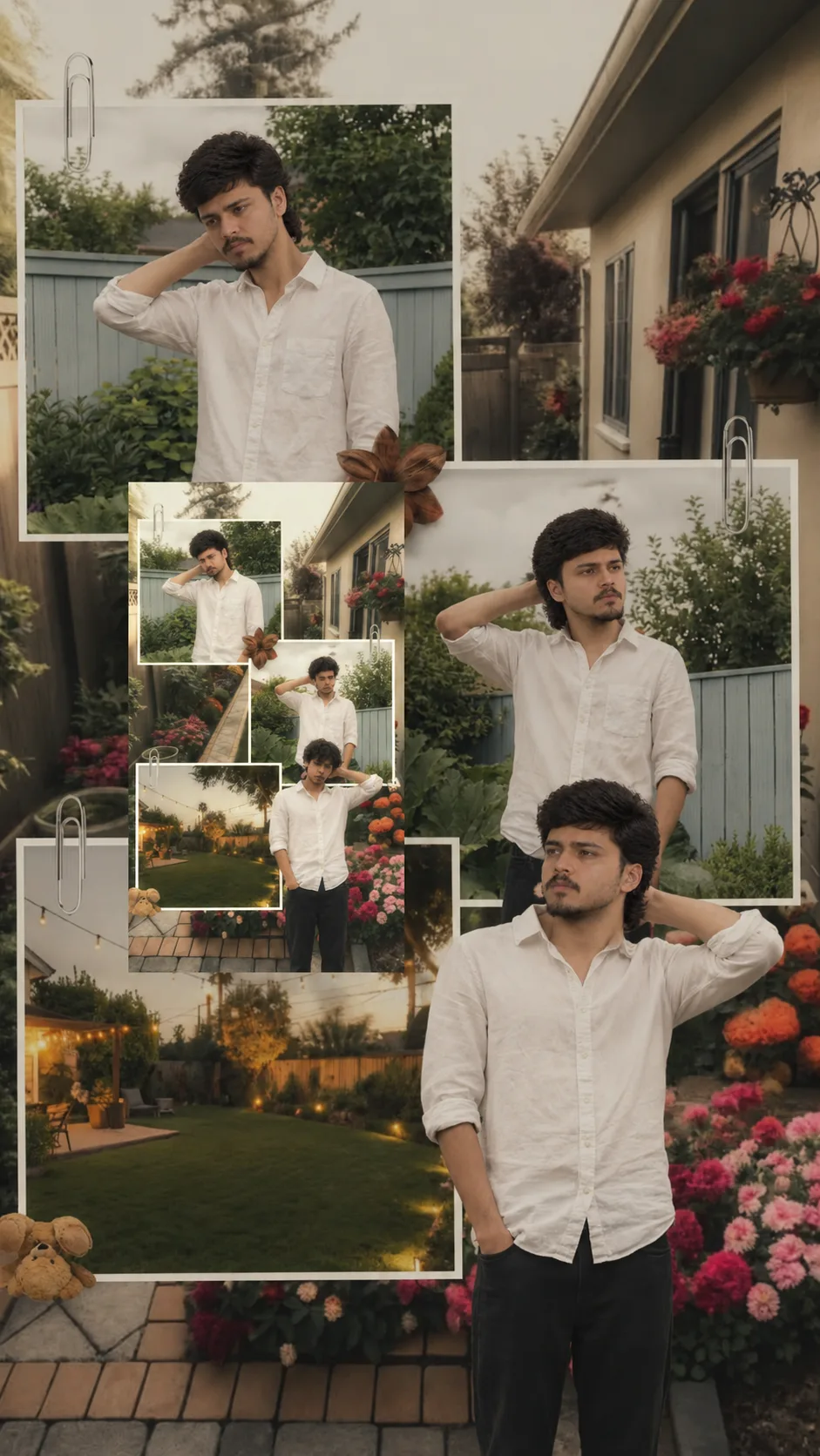 Create a photorealistic vertical editorial photo collage featuring the same young Indian man consistently throughout all images.