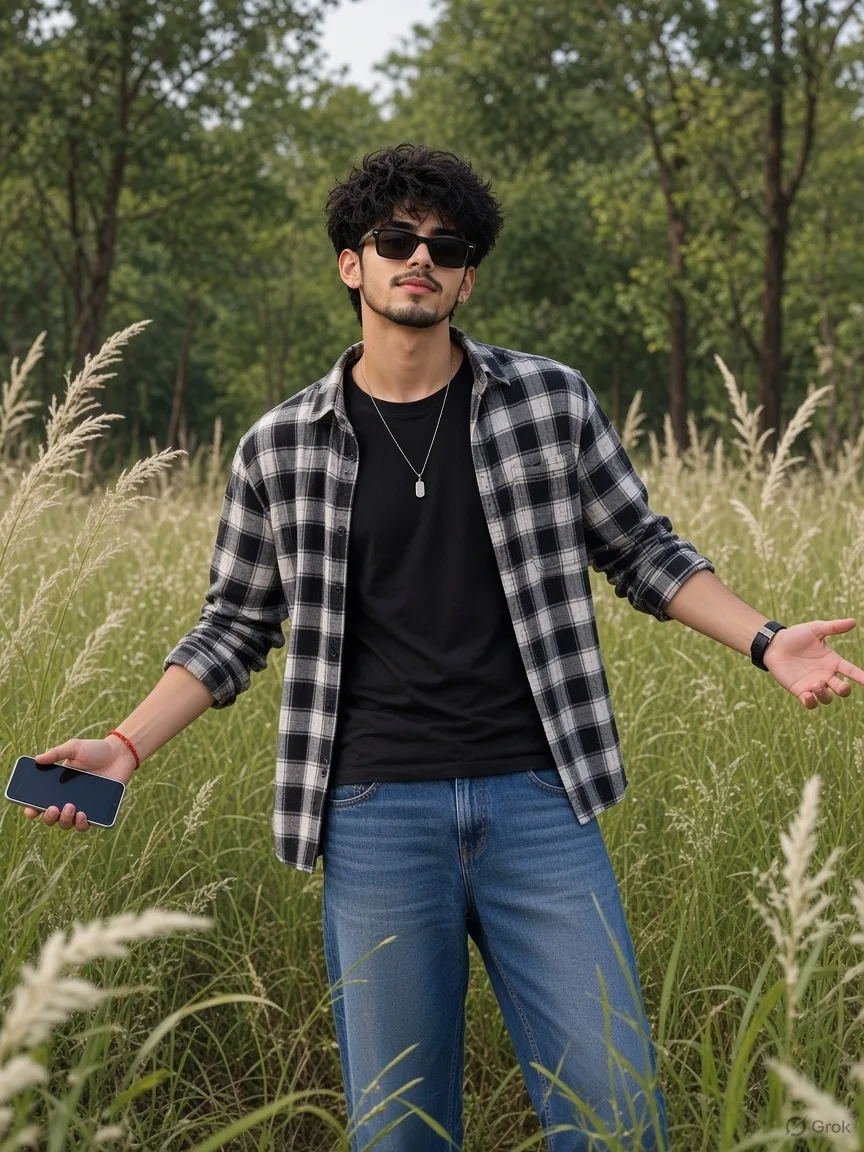 Ultra realistic photograph of a stylish young Indian man standing casually in a lush green grass field surrounded by tall white feathery