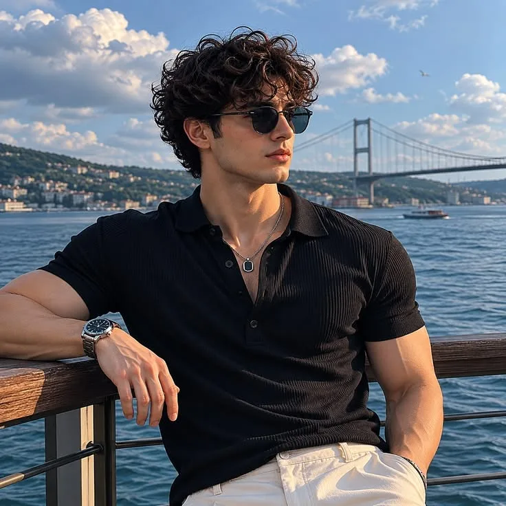 A high-quality medium shot of a handsome young man with messy, voluminous curly dark hair, wearing stylish black sunglasses and a fitted