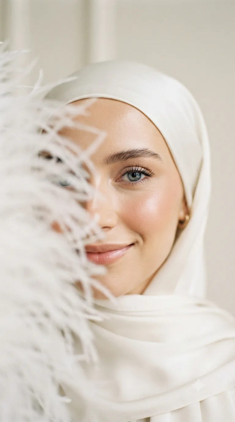 Close-up vertical portrait of a young woman wearing a smooth white hijab, half of her face gently concealed by soft white feathers in the