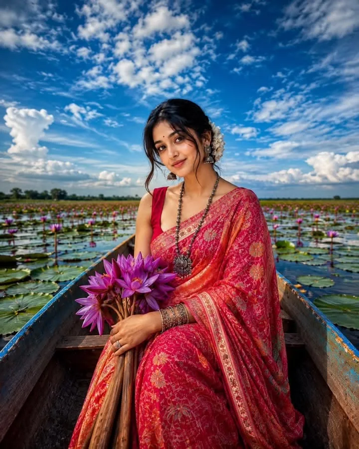 Create an ultra-realistic, high-resolution cinematic Indian fashion portrait matching the reference image as closely as possible in