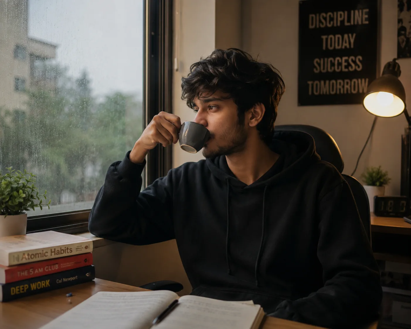 Create an ultra-realistic cinematic photograph of a young South Asian man sitting comfortably in a modern study room beside a large