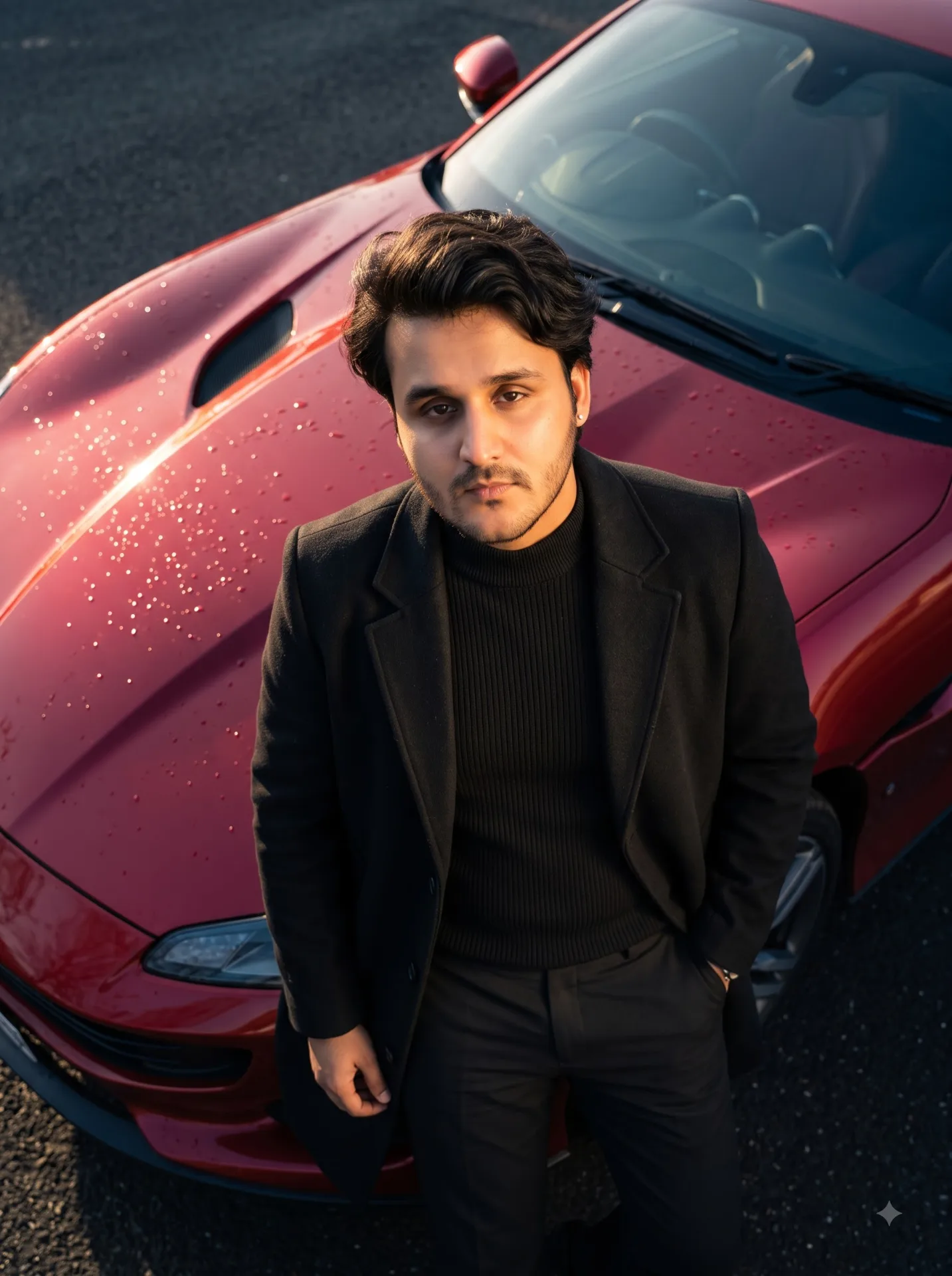 Ultra-realistic cinematic automotive fashion campaign, dramatic high-angle overhead portrait photography, luxury automotive editorial.