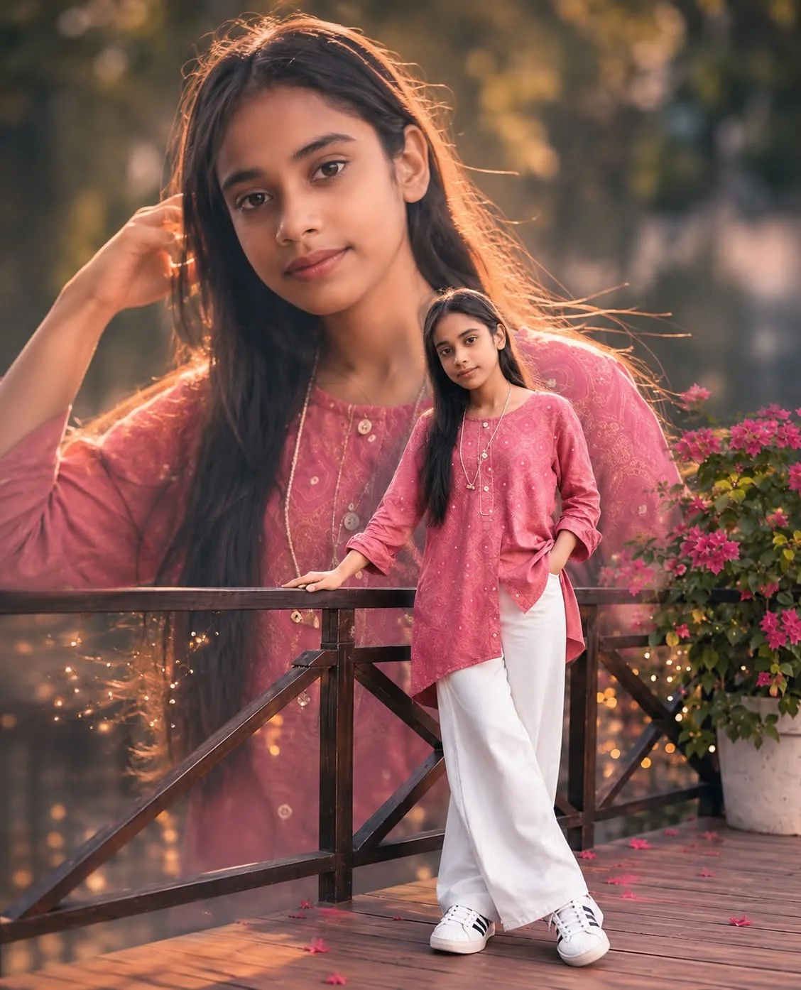 A creative double-exposure conceptual photograph featuring a young South Asian girl with long, straight dark brown hair.