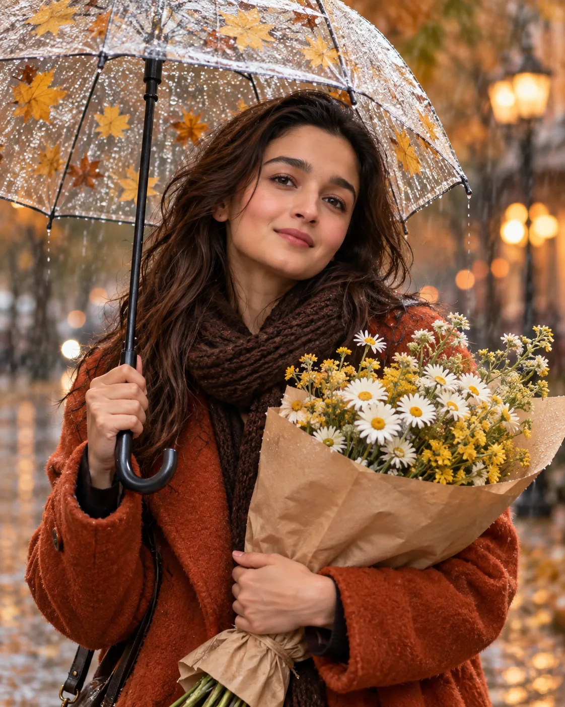 Create an ultra-realistic cinematic portrait of a beautiful young woman standing outdoors on a rainy autumn day, using the uploaded image