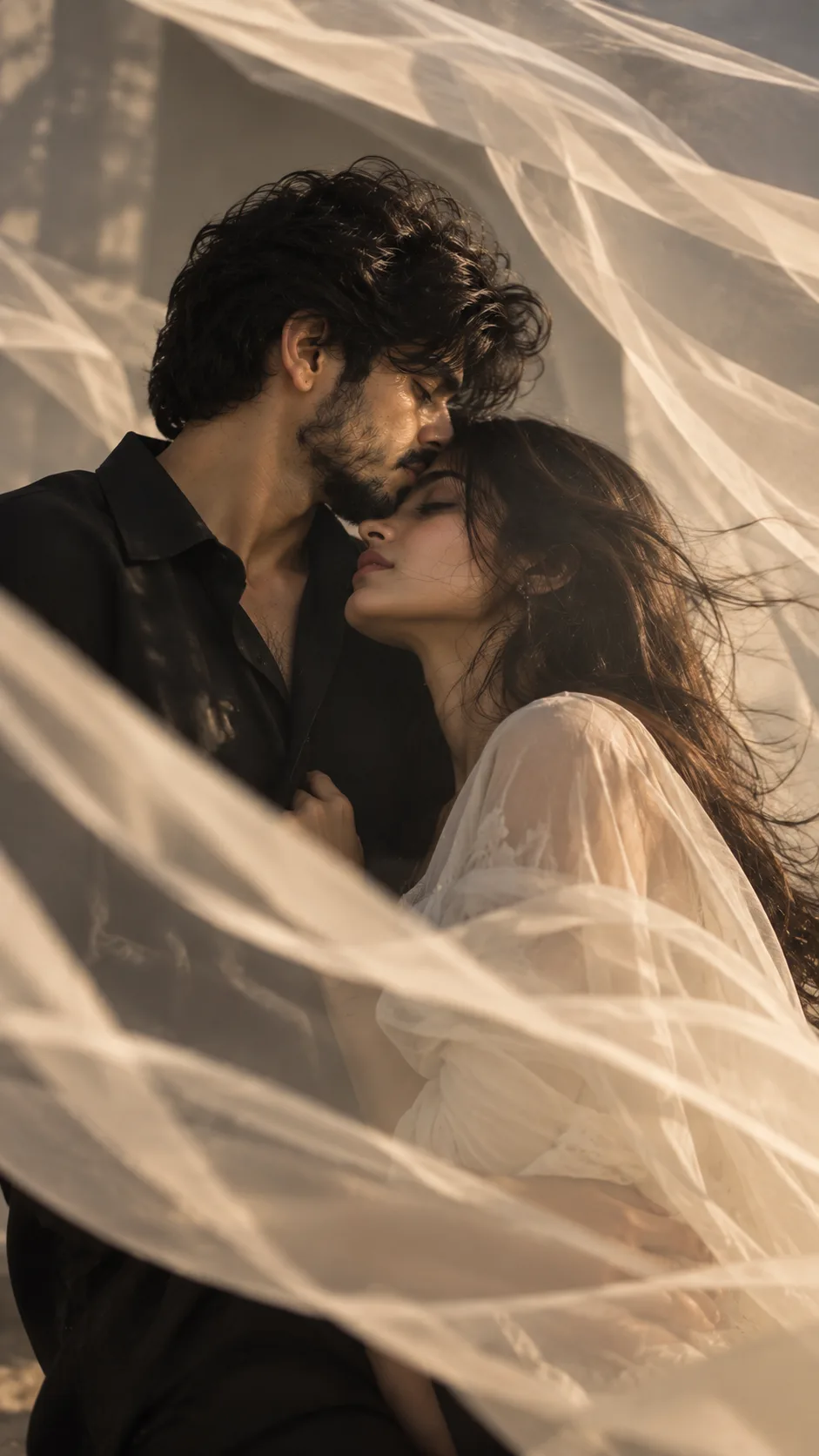 A high-end magazine photography tip used to create a romantic aesthetic portrait of a couple that combines typography with translucent silk