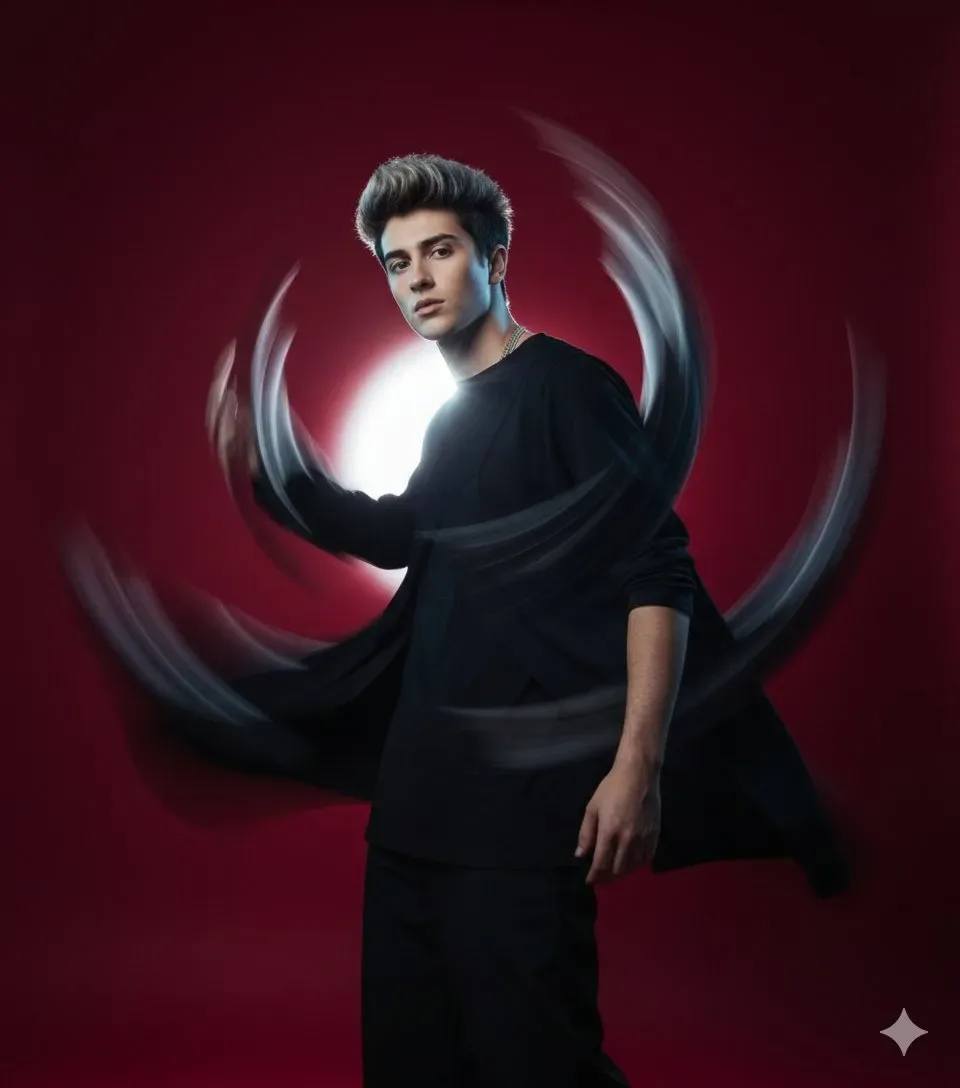 High-fashion motion blur portrait inspired by viral editorial photography, set in a minimal studio with a solid deep crimson background.