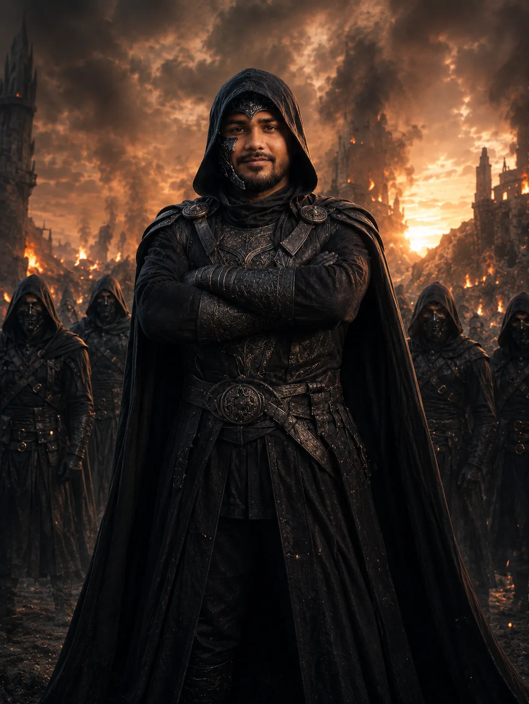 Create an ultra-realistic, high-end cinematic dark-fantasy character scene using the provided reference image as the ABSOLUTE STRICT
