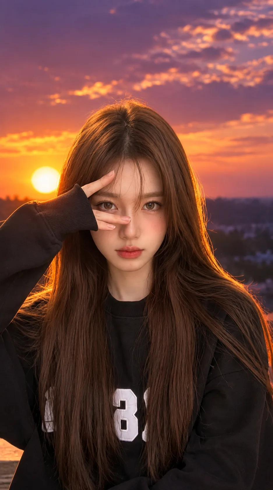 Create a photorealistic cinematic vertical portrait of a young woman facing directly toward the camera.