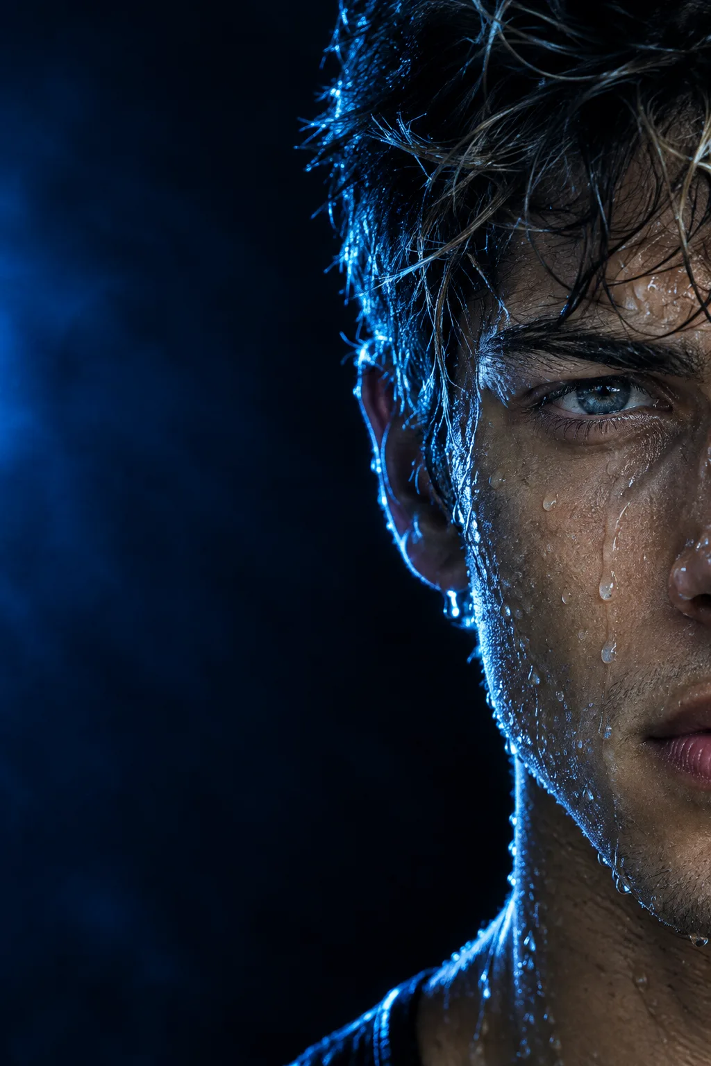 Ultra-realistic cinematic extreme close-up portrait of a young adult man, tightly cropped to show only the right half of his face.