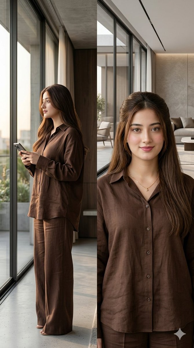 Image Using On Gamini Nano Banana Prompt💬 A professional two-panel vertical split collage featuring the exact same young woman with