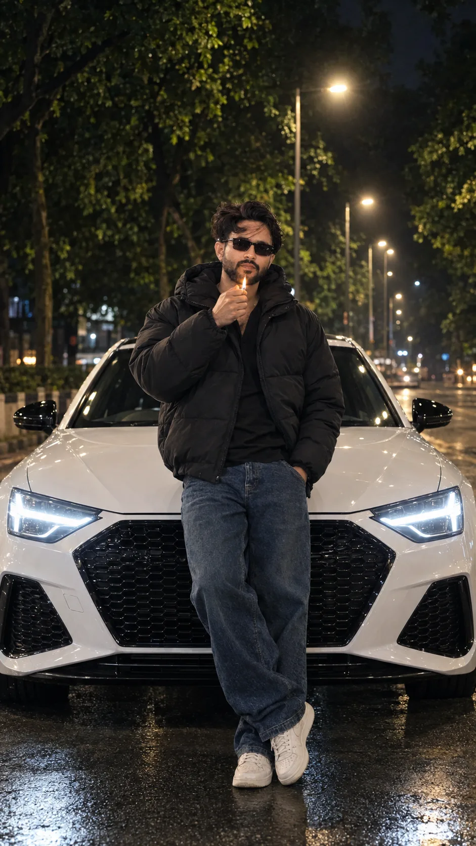 Create a highly realistic cinematic full-body night-time fashion portrait of a stylish young Indian man standing casually in front of a