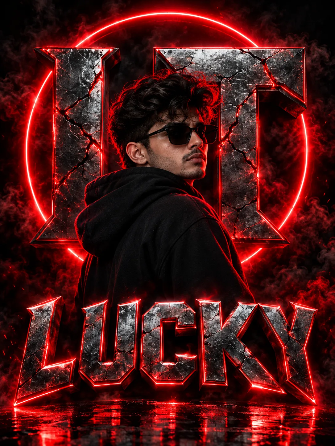 Cinematic cyberpunk portrait of a stylish young man in a black hoodie and sunglasses, looking back at camera, dramatic red rim lighting.