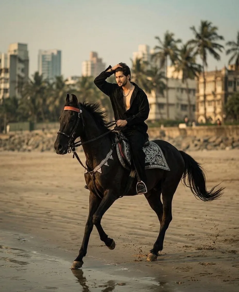 **Title** Dynamic Beach Horse Ride | Royal Black Aesthetic Portrait --- **Prompt** > A high-resolution cinematic shot of a young man riding