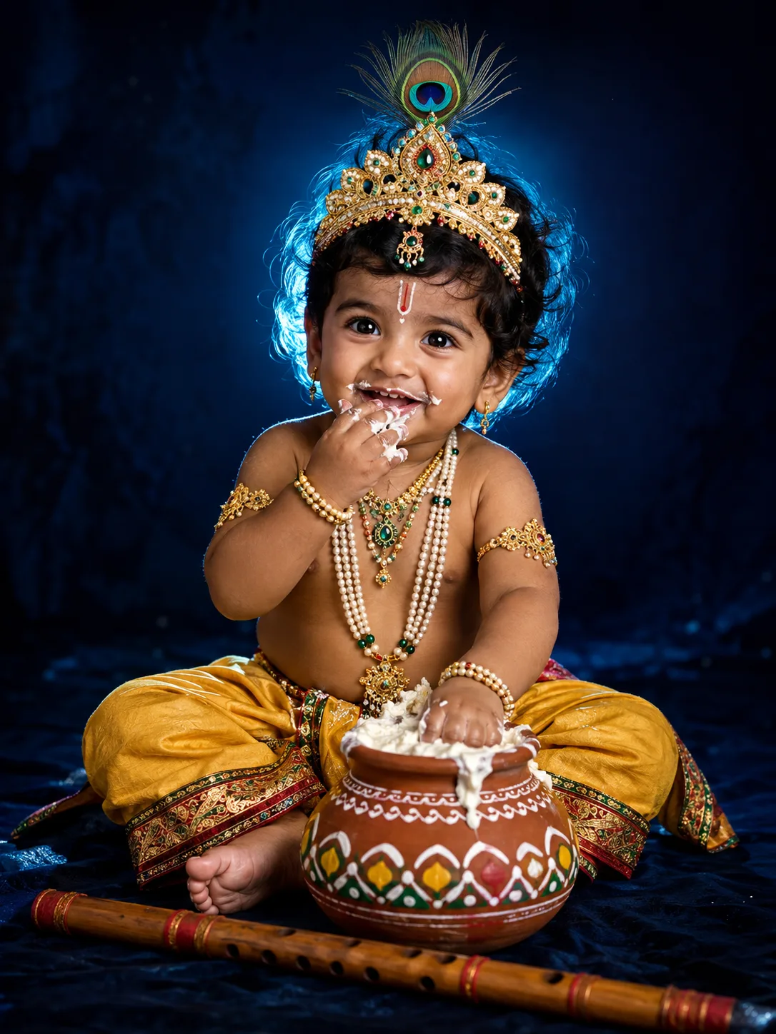 1ST IMAGE PROMPT: Create an ultra-realistic, premium cinematic devotional portrait of an adorable Indian toddler dressed as Lord Bal