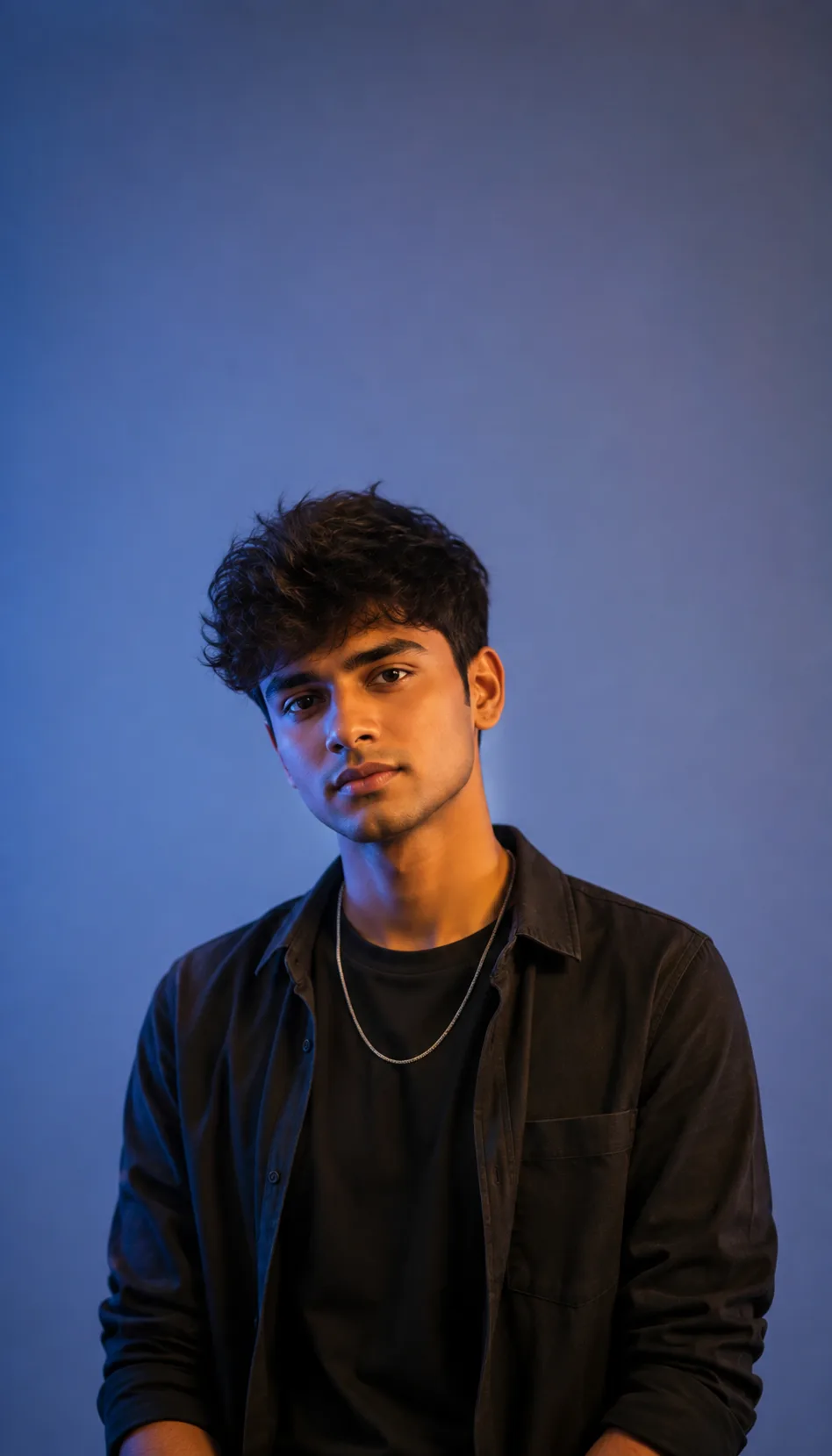 Create an ultra-realistic, high-quality vertical studio portrait of a completely different young man.