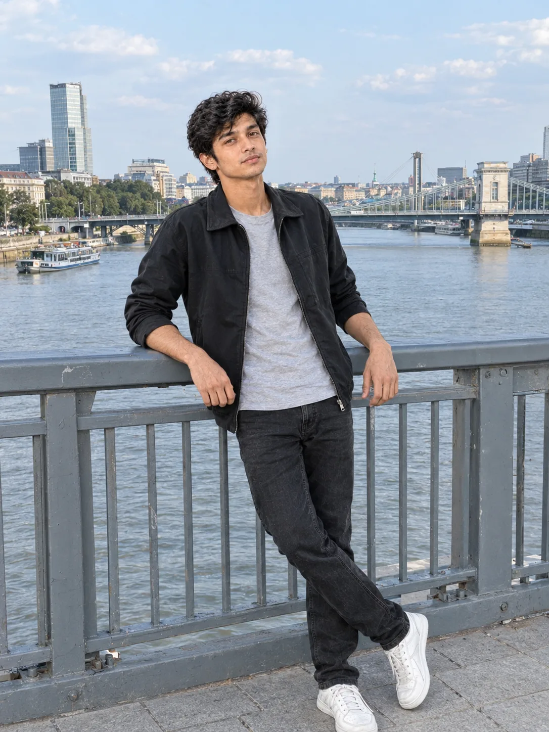 Ultra realistic photograph of a young man standing on a city bridge during daytime, shot on a real DSLR camera.
