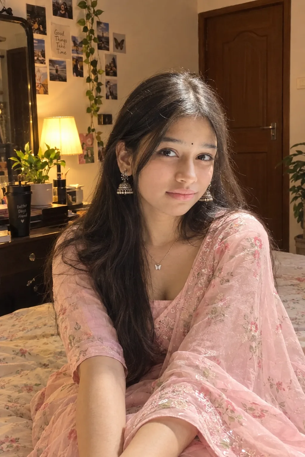 A photorealistic cinematic portrait of a young adult Indian woman named Sofia, seated casually on a bed in a warm, cozy bedroom at night.