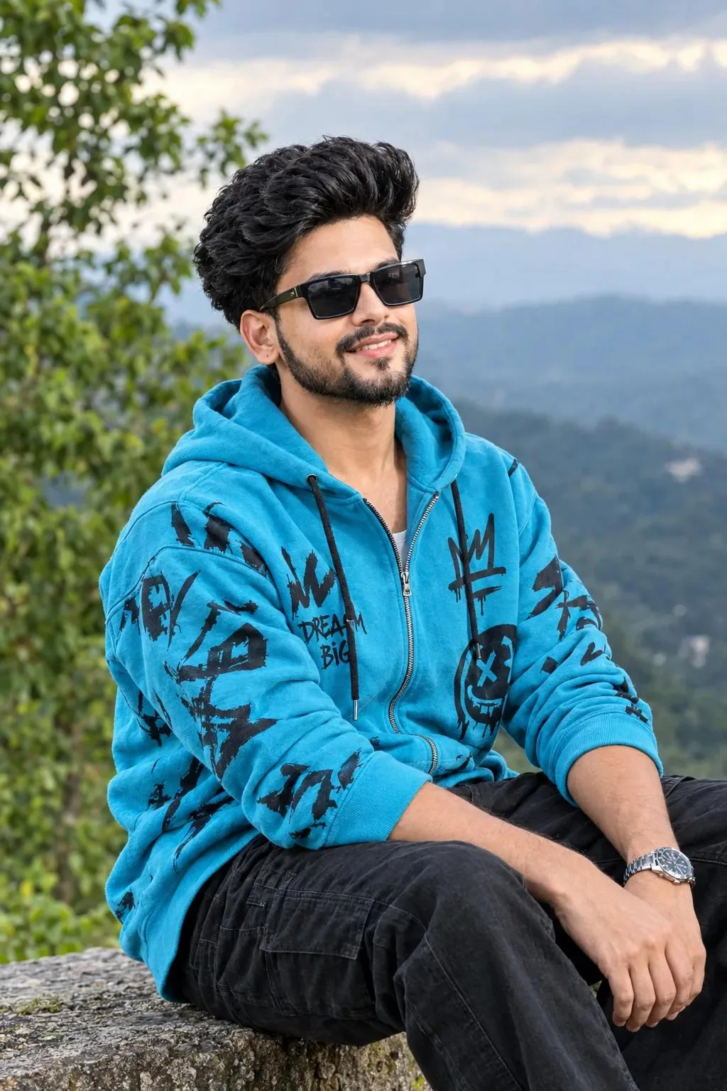 A stylish young man, posing outdoors in a confident fashion portrait.