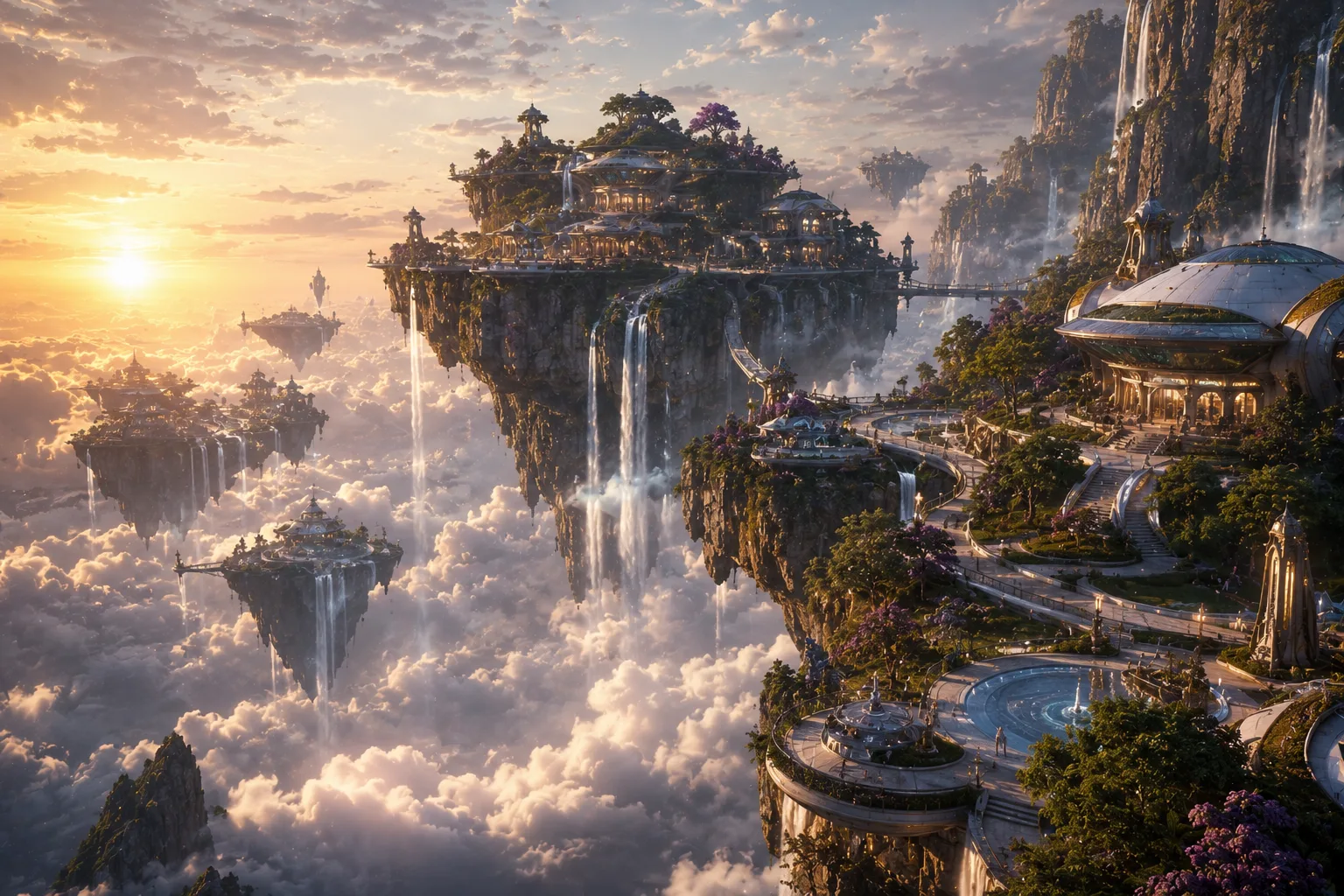 Beautiful futuristic village built on enormous floating mountains above the clouds, waterfalls falling into the sky, elegant futuristic