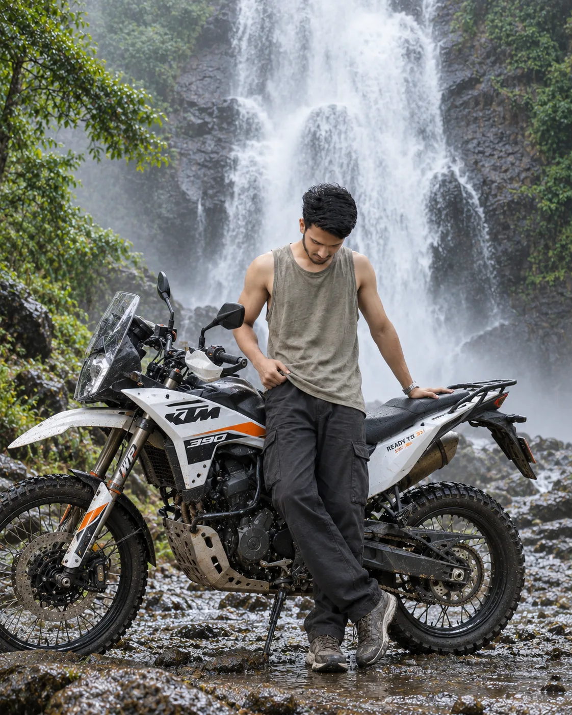 Create a highly realistic, ultra-detailed cinematic adventure photograph of a young Indian man casually posing with a rugged off-road
