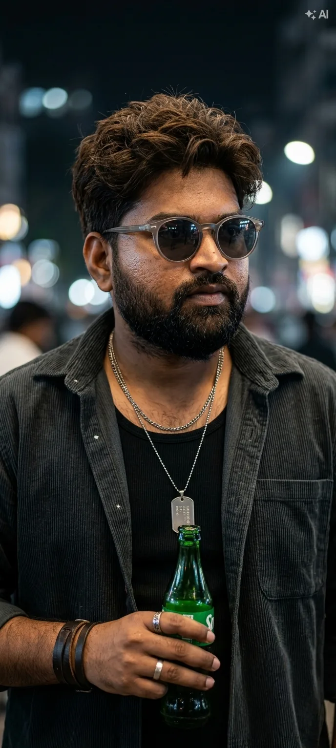 An ultra-realistic cinematic portrait of a stylish young South Asian man with messy textured brown hair and a well-groomed dark beard.