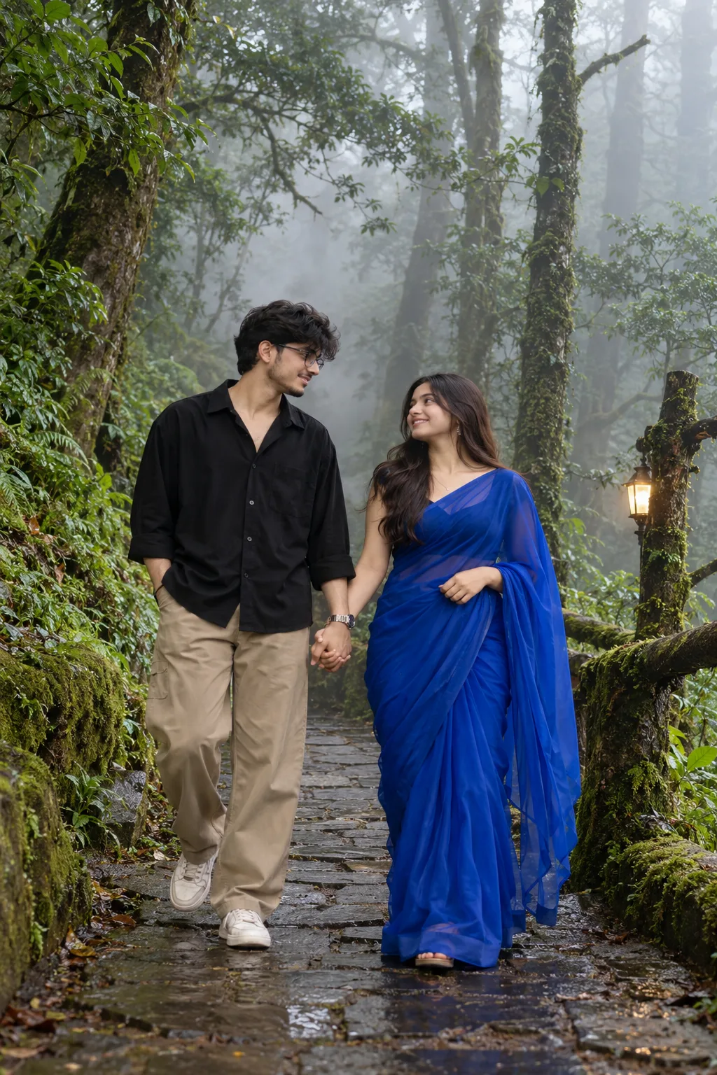 A romantic young Indian couple walking hand-in-hand along a beautiful stone-paved pathway inside a dense, lush green forest.