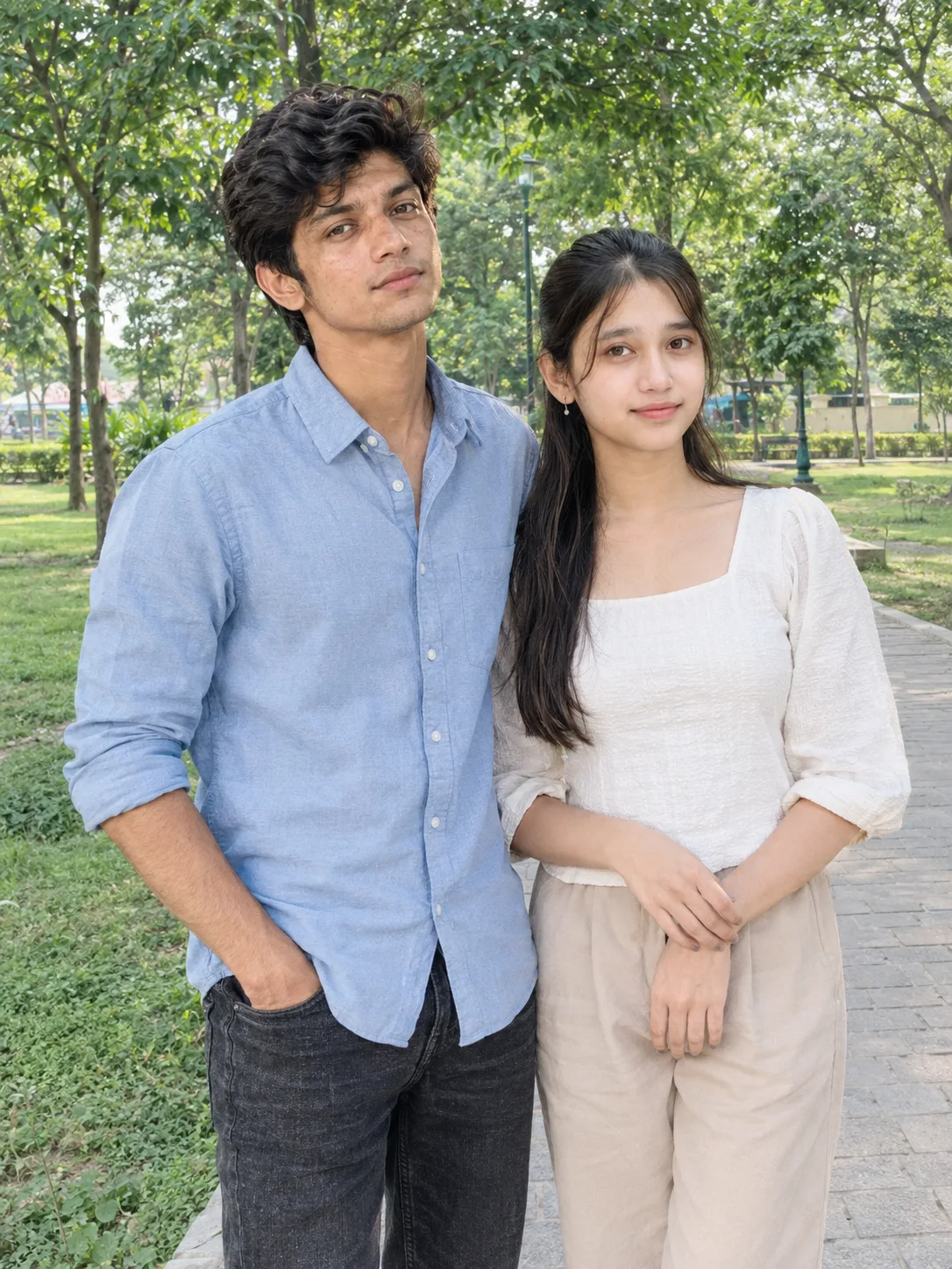 Ultra realistic photograph of a young man and a young woman standing together in a park during daytime, shot on a real DSLR camera.