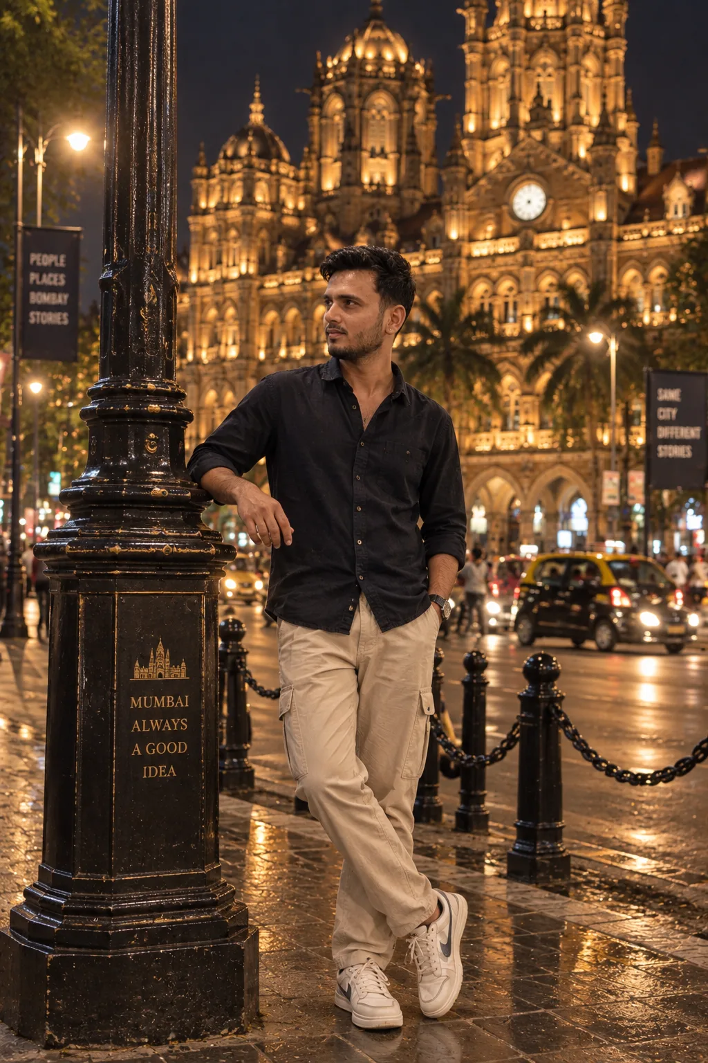 Create a highly realistic, ultra-detailed cinematic nighttime street portrait of a young Indian man standing casually in front of a grand
