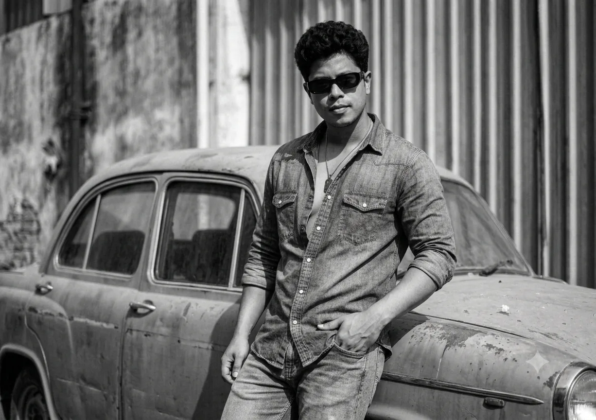 A cinematic black and white portrait of a young man leaning against an old vintage car in an outdoor industrial setting, shot in a moody,