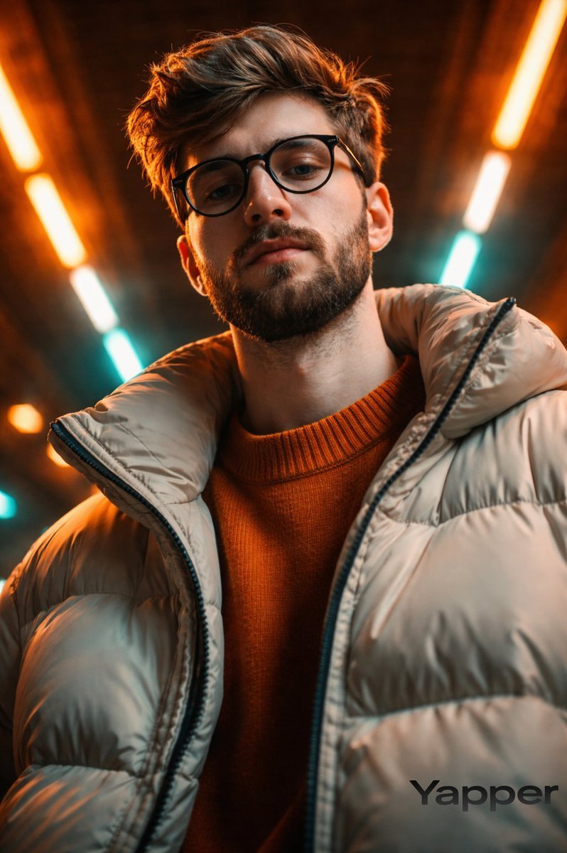 Ultra realistic cinematic fashion portrait of a young man round glasses, looking down at the camera, low angle shot, wearing oversized