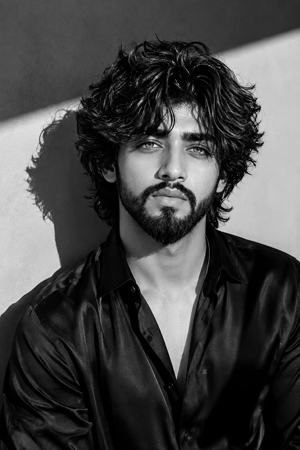 "A high-contrast, black and white portrait photograph of a man with voluminous, curly hair, a well-groomed full beard, and piercing light